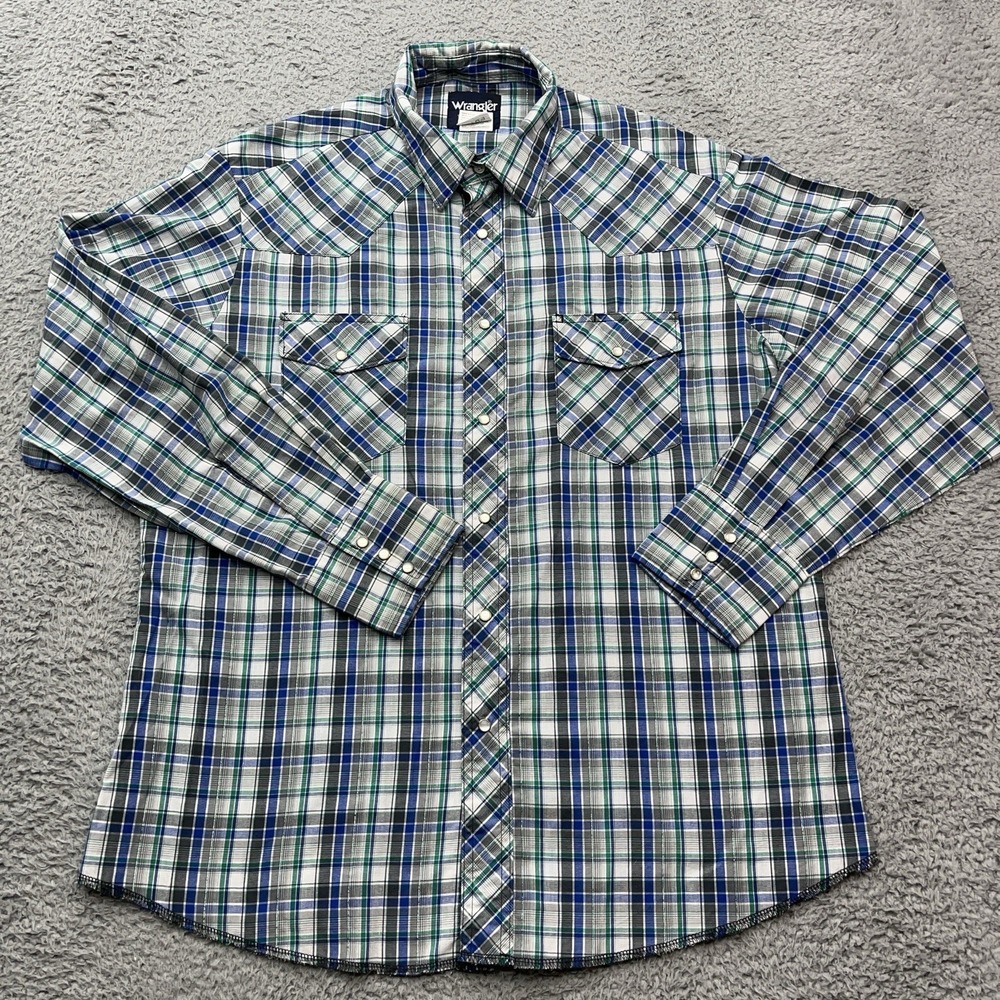 Wrangler Western Pearl Snap Shirt Mens L Blue Green Metallic Tartan Plaid Cowboy